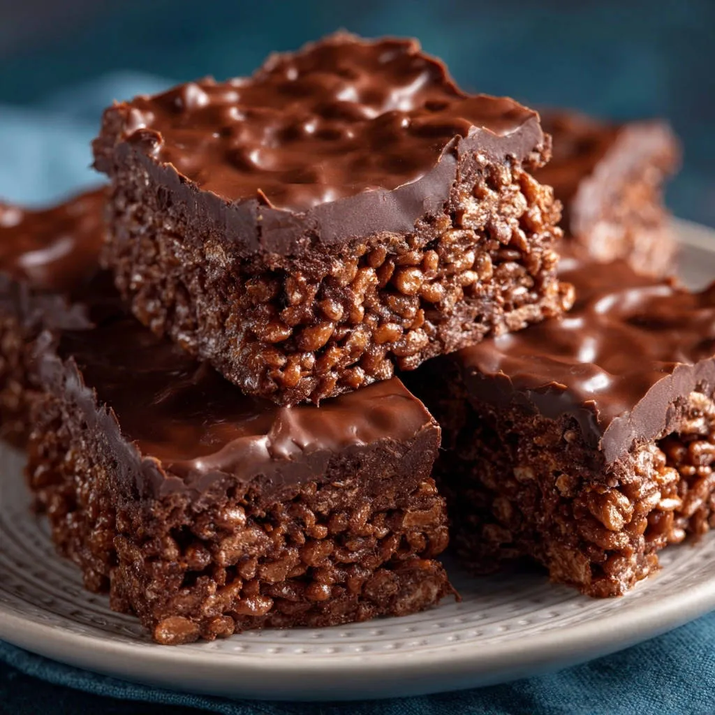 Double Chocolate Crispy Squares are stacked and presented in a close-up view, showcasing their rich chocolate topping and textured interior.