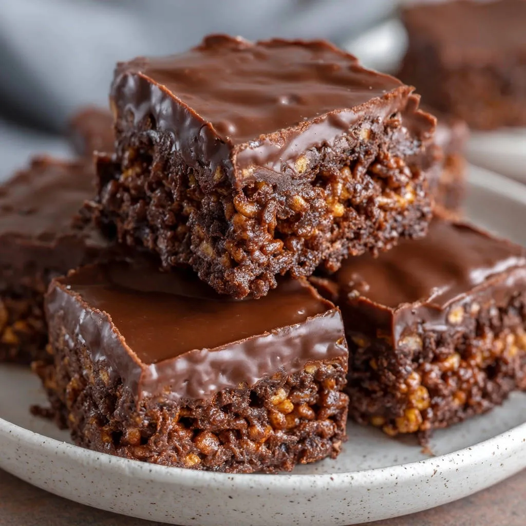 Double Chocolate Crispy Squares shown in a close-up cross-section revealing the chewy interior texture.