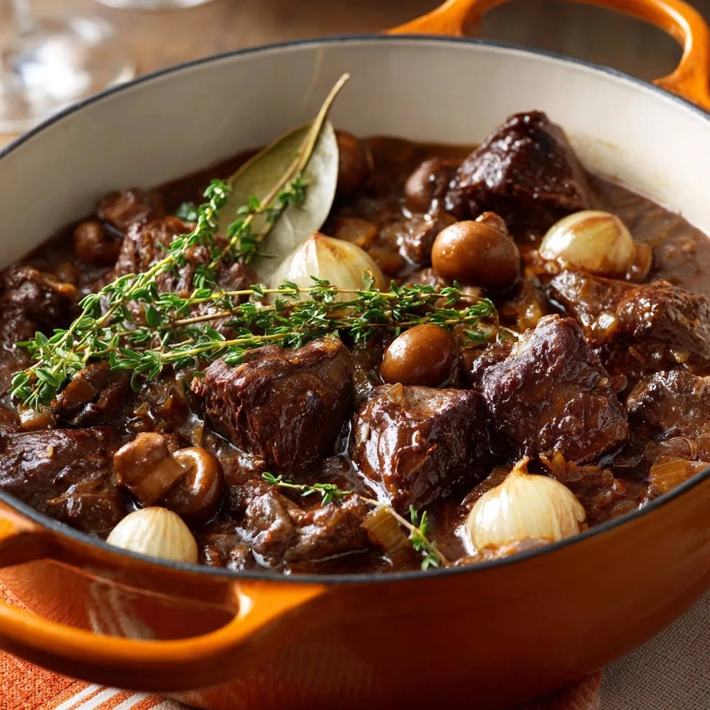 Rich Dutch oven beef stew with tender chunks of meat, mushrooms, and pearl onions, garnished with fresh thyme and a bay leaf.