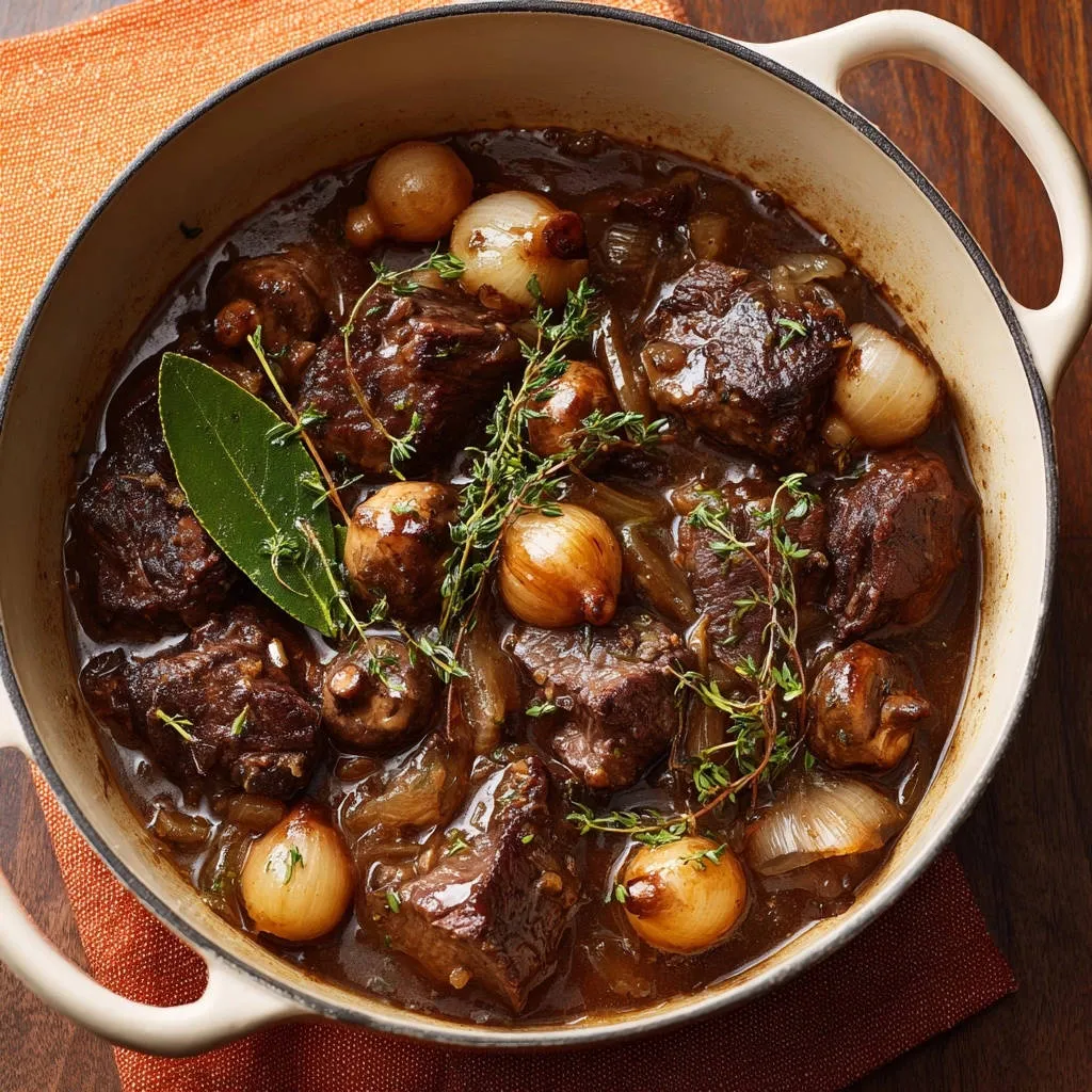 Rich Dutch oven beef stew with pearl onions and thyme, shown in an overhead view with a close-up on the rich gravy.