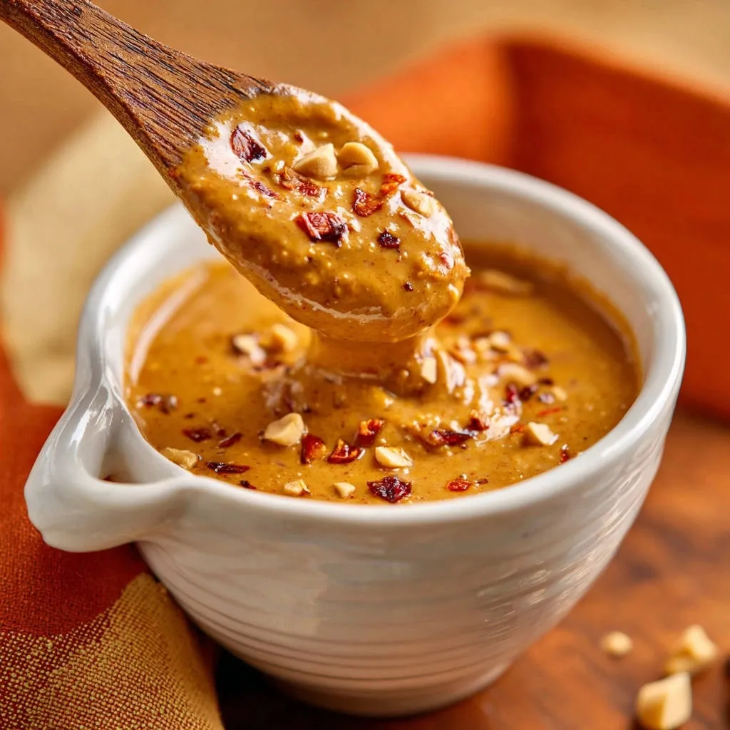 Easy creamy peanut sauce being scooped with a wooden spoon, showing a close-up texture with chopped peanuts and chili flakes.