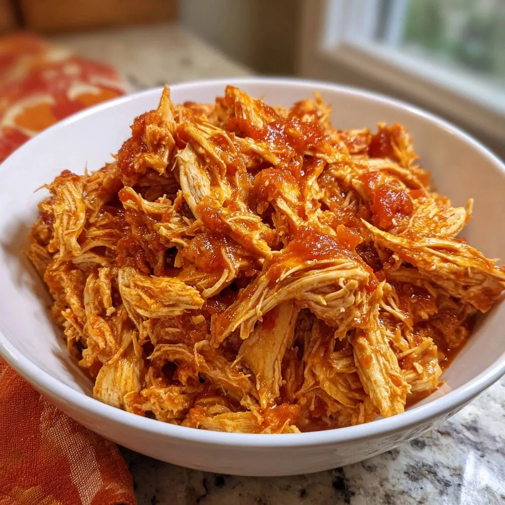 Easy salsa shredded chicken served in a white bowl, showcasing its moist and flavorful texture.