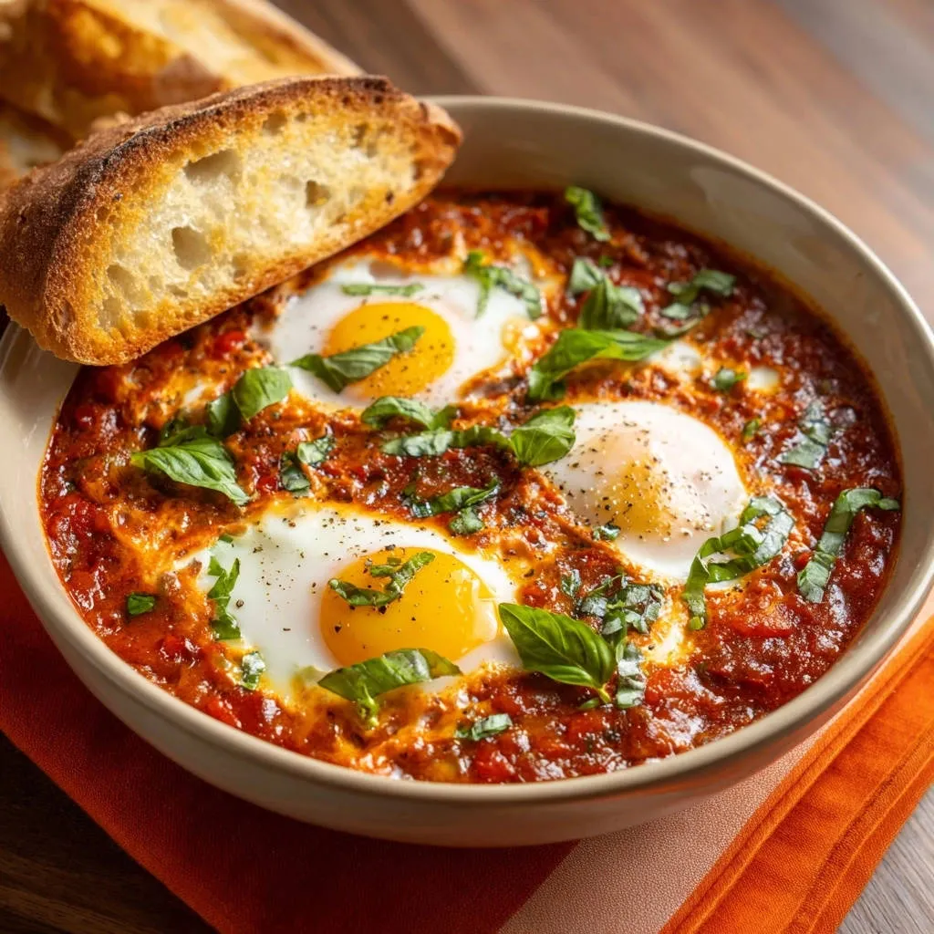 Eggs in tomato sauce with fresh basil and crusty bread, showing a close-up view of the dish.