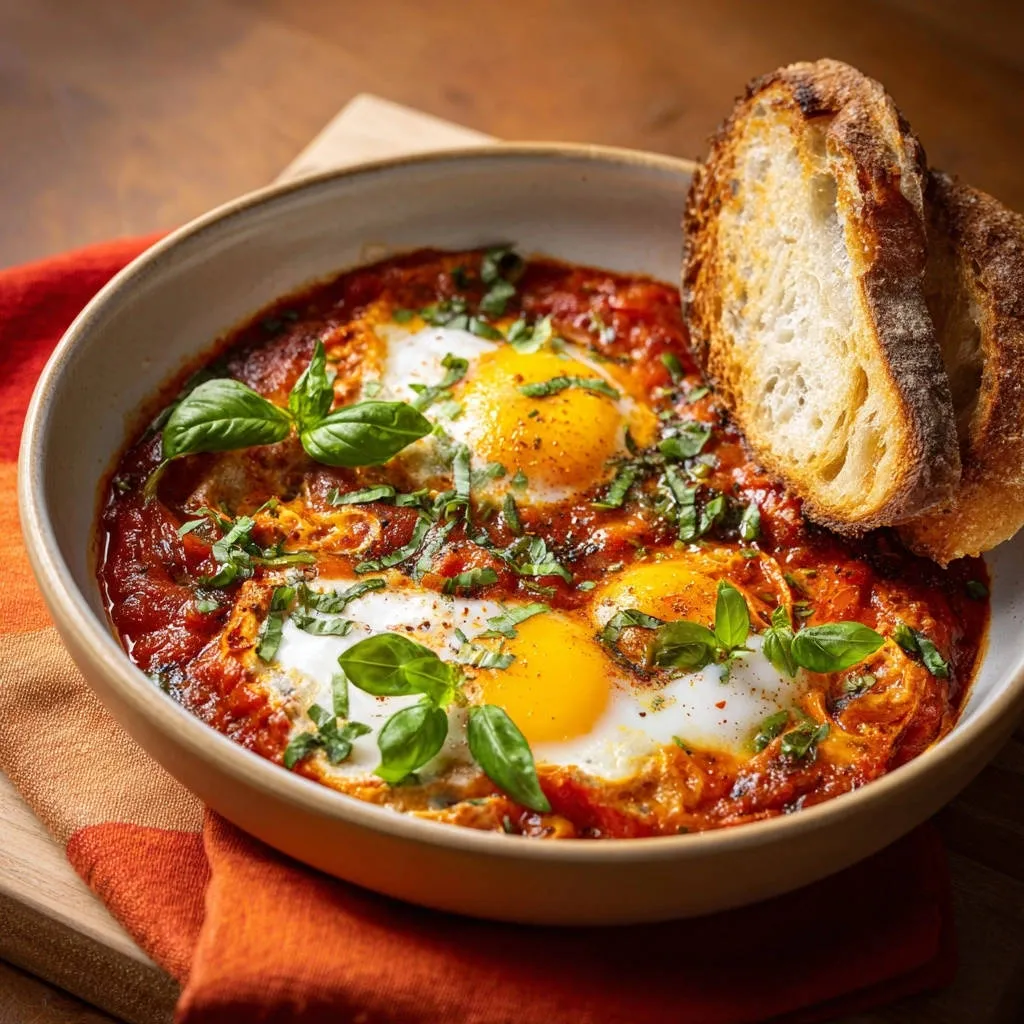 Eggs in tomato sauce garnished with fresh basil and served with crusty bread slices.