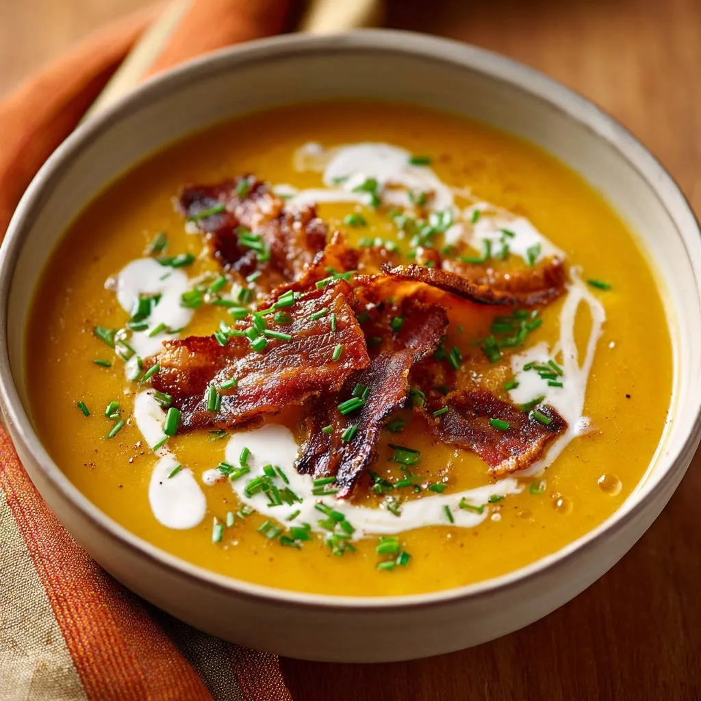 Fall butternut squash soup garnished with crispy bacon, fresh chives, and a swirl of cream.
