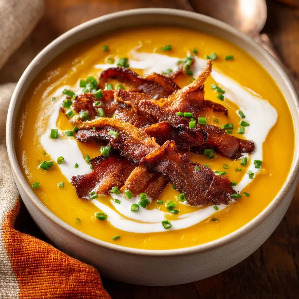 Fall butternut squash soup garnished with crispy bacon, a swirl of cream, and fresh chives.