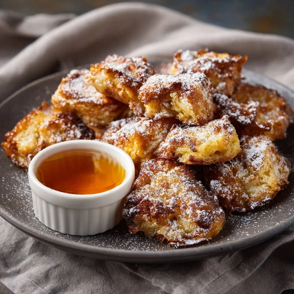 Heavenly French Toast Bites are powdered with sugar and served with a side of syrup.