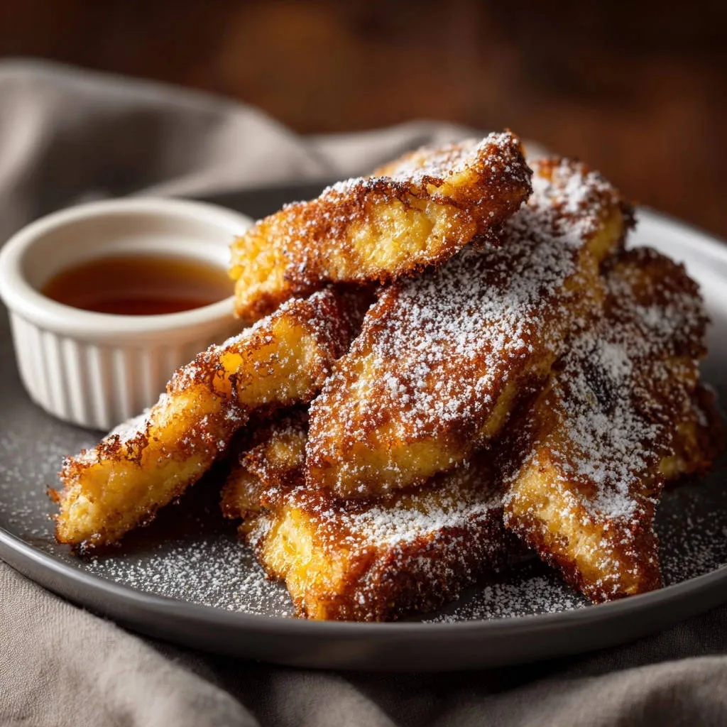Heavenly French toast bites dusted with powdered sugar, served with a side of syrup for dipping.