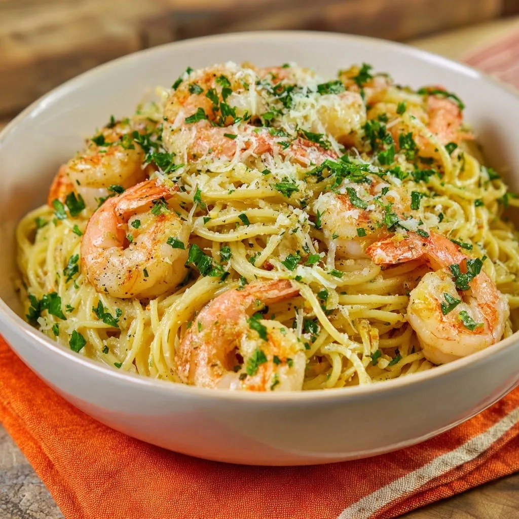 Garlic butter shrimp pasta served in a white bowl, garnished with parsley and grated cheese.