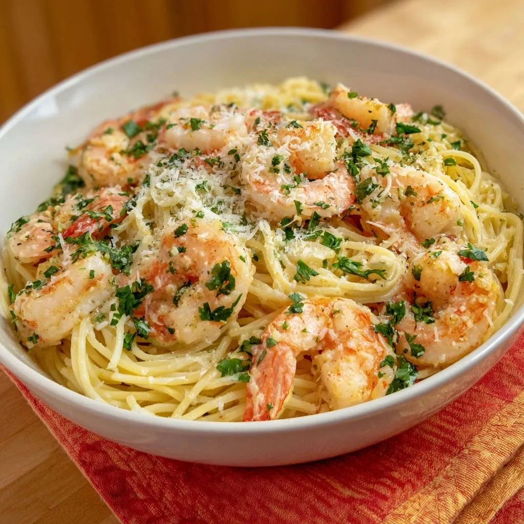 Garlic butter shrimp pasta served in a white bowl, garnished with parsley and Parmesan cheese.