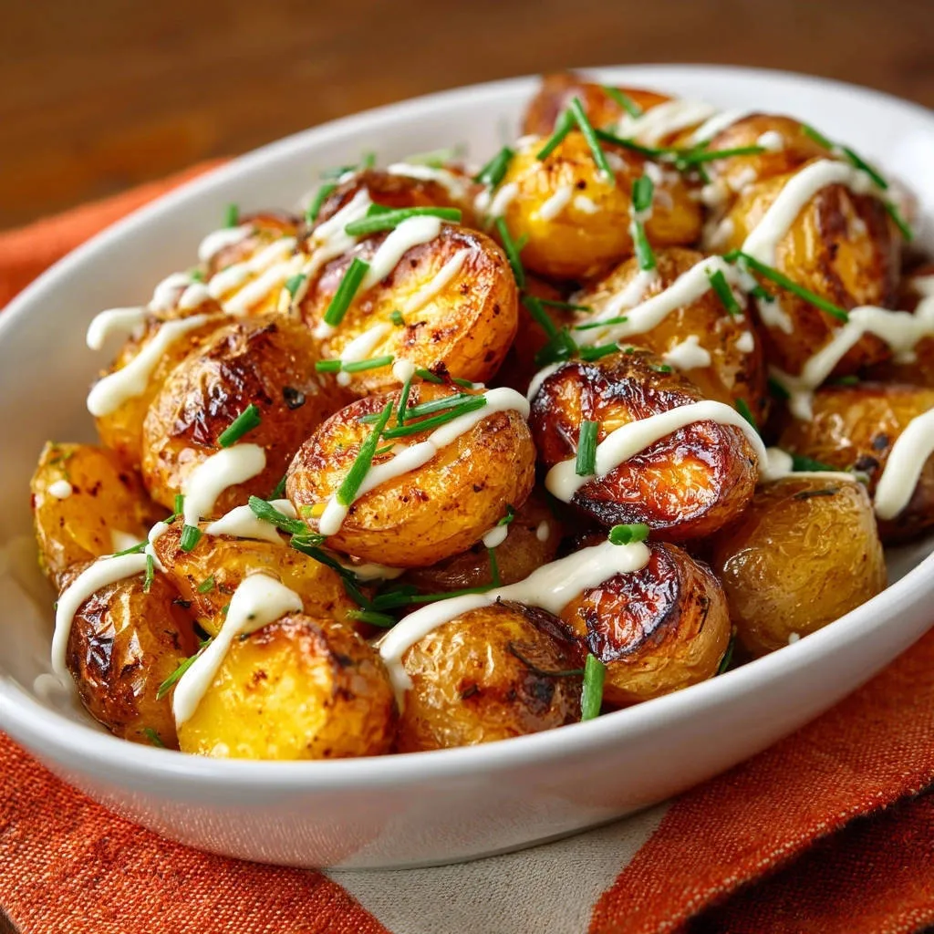 Garlic herb roasted potatoes drizzled with creamy sauce and garnished with chives in a white bowl.