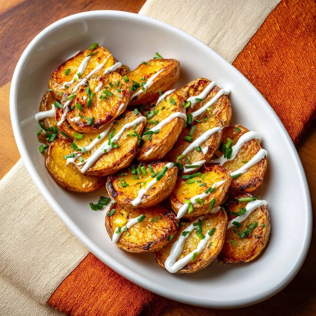 Garlic herb roasted potatoes drizzled with sour cream and sprinkled with chives in a white oval dish.