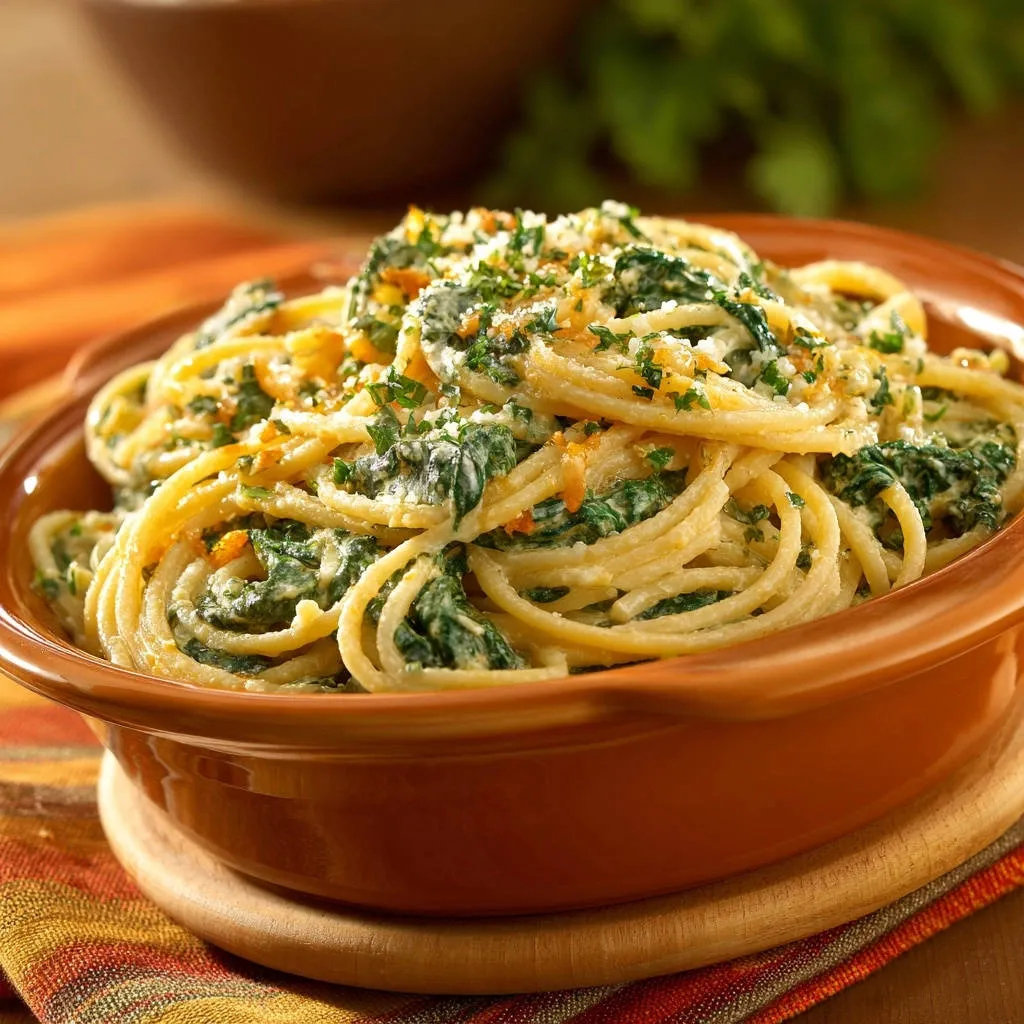Garlicky creamy spaghetti with greens served in a rustic brown bowl, garnished with fresh parsley and cheese.