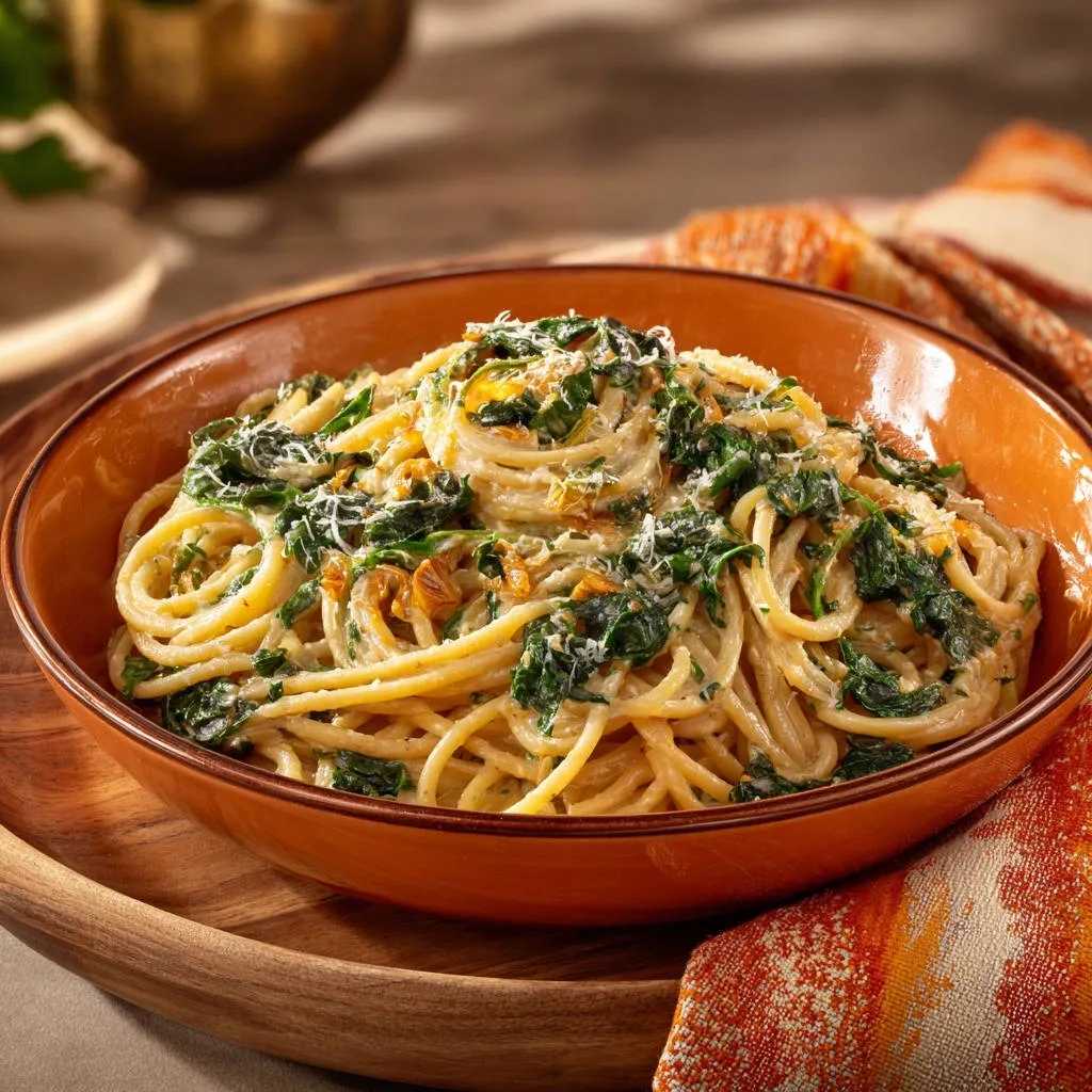 Garlicky creamy spaghetti with greens served in a rustic bowl, showcasing a close-up of the pasta and spinach mixture.