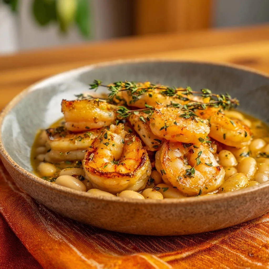 Garlicky seared shrimp and white beans served in a rustic bowl, garnished with fresh thyme.