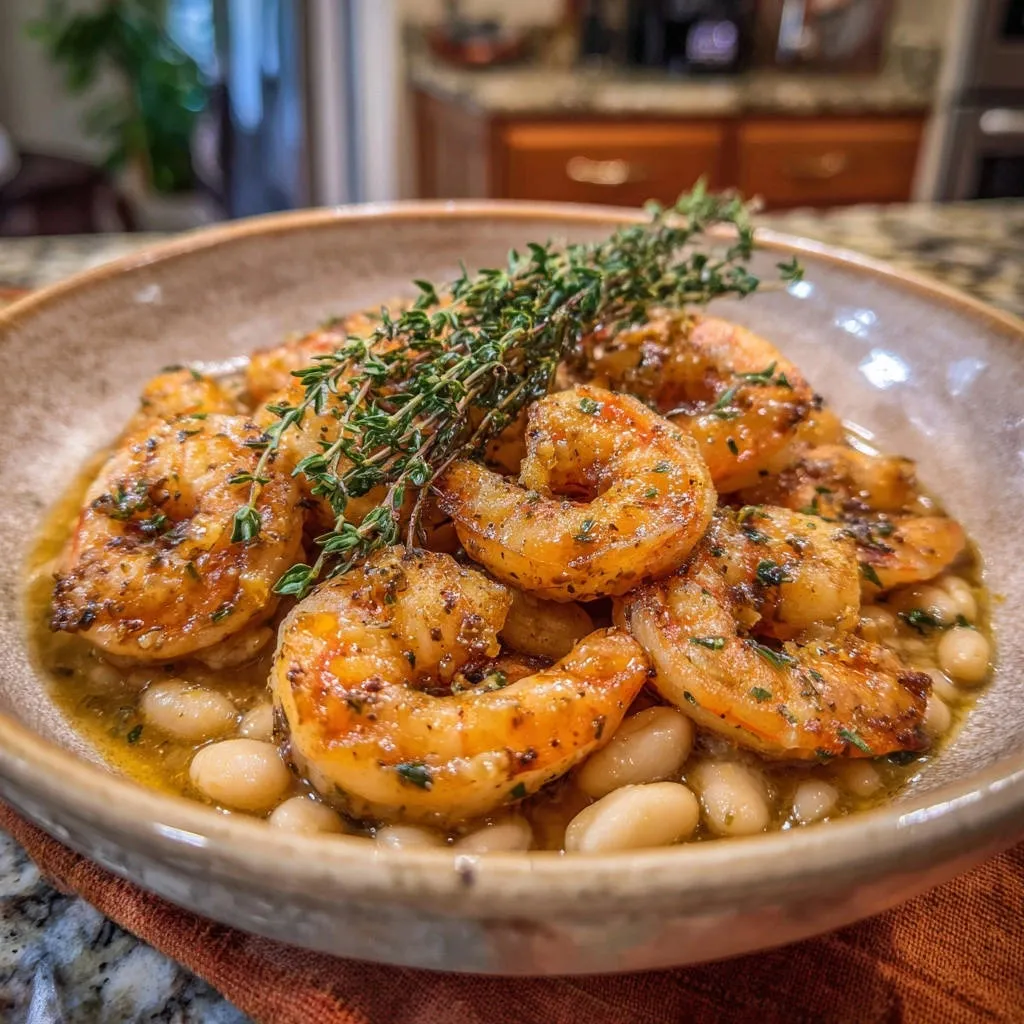Garlicky seared shrimp and white beans served in a rustic bowl, garnished with fresh thyme sprigs.