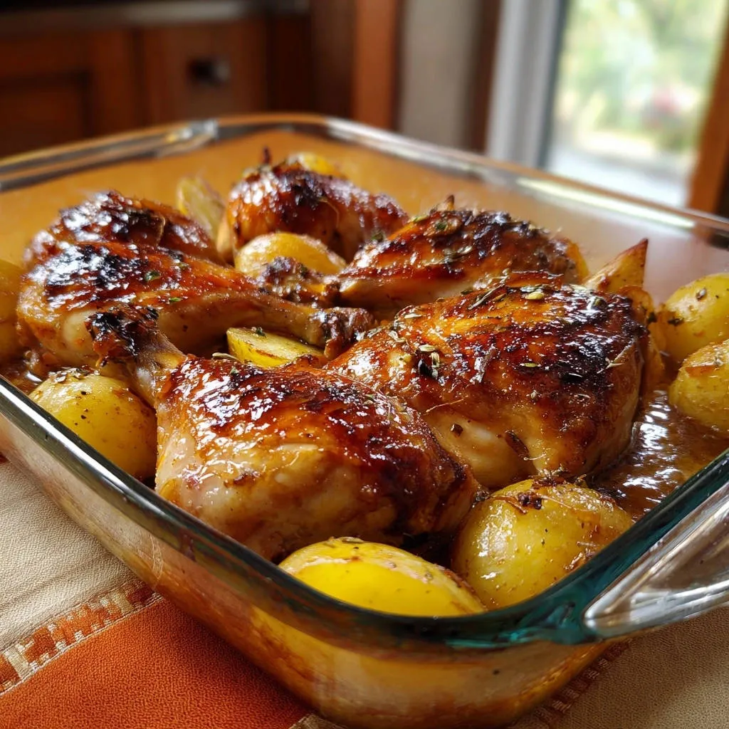 One-pan glazed chicken and potatoes shown in a close-up side view within a clear baking dish.