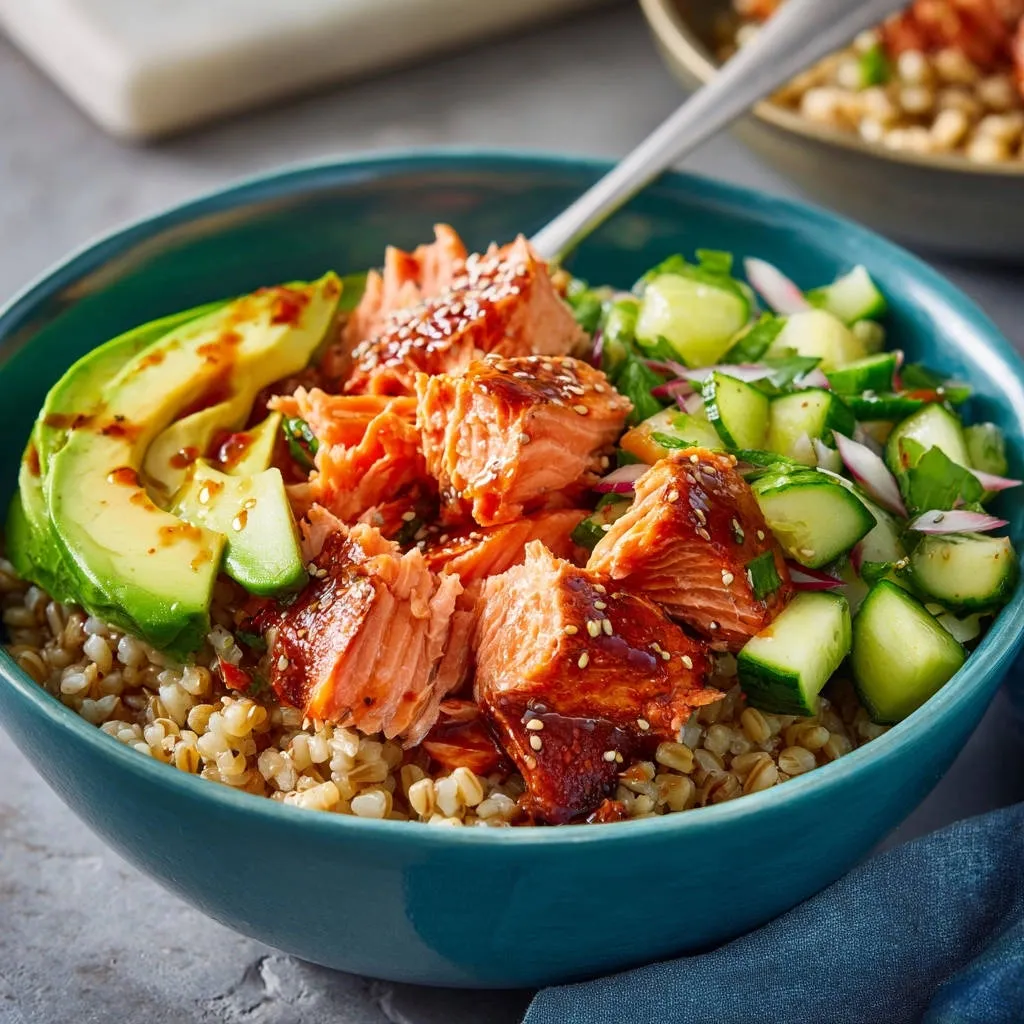 Glazed salmon power bowl close-up showing flaky texture with avocado, grains, and cucumber salad.