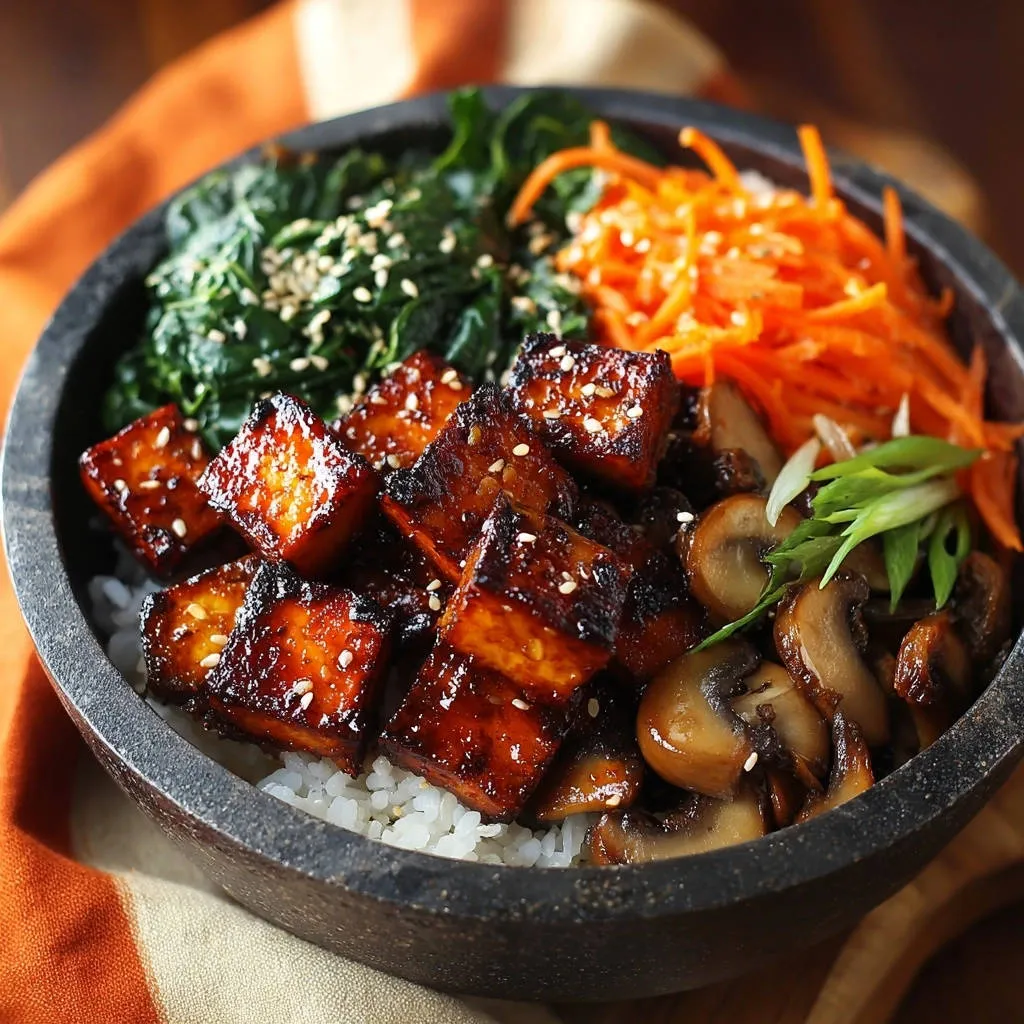 Amazing Glazed Tofu & Veggie Power Bowl shown in a close-up view with glistening tofu cubes and colorful vegetables.