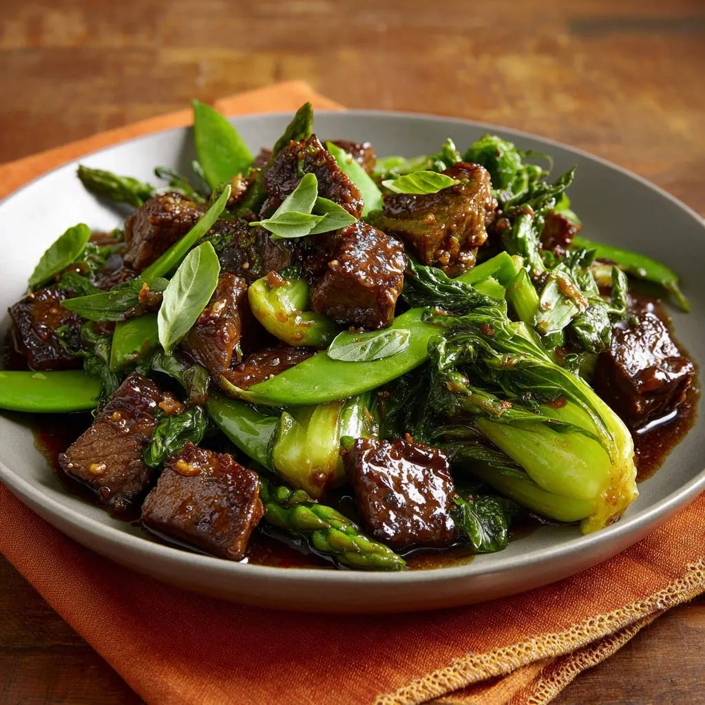 Glossy steak and vegetable stir-fry served on a plate, showcasing tender steak pieces and vibrant green vegetables in a rich sauce.