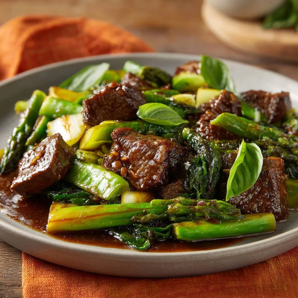 Glossy steak and vegetable stir-fry with asparagus and basil, presented as a close-up on a grey plate.