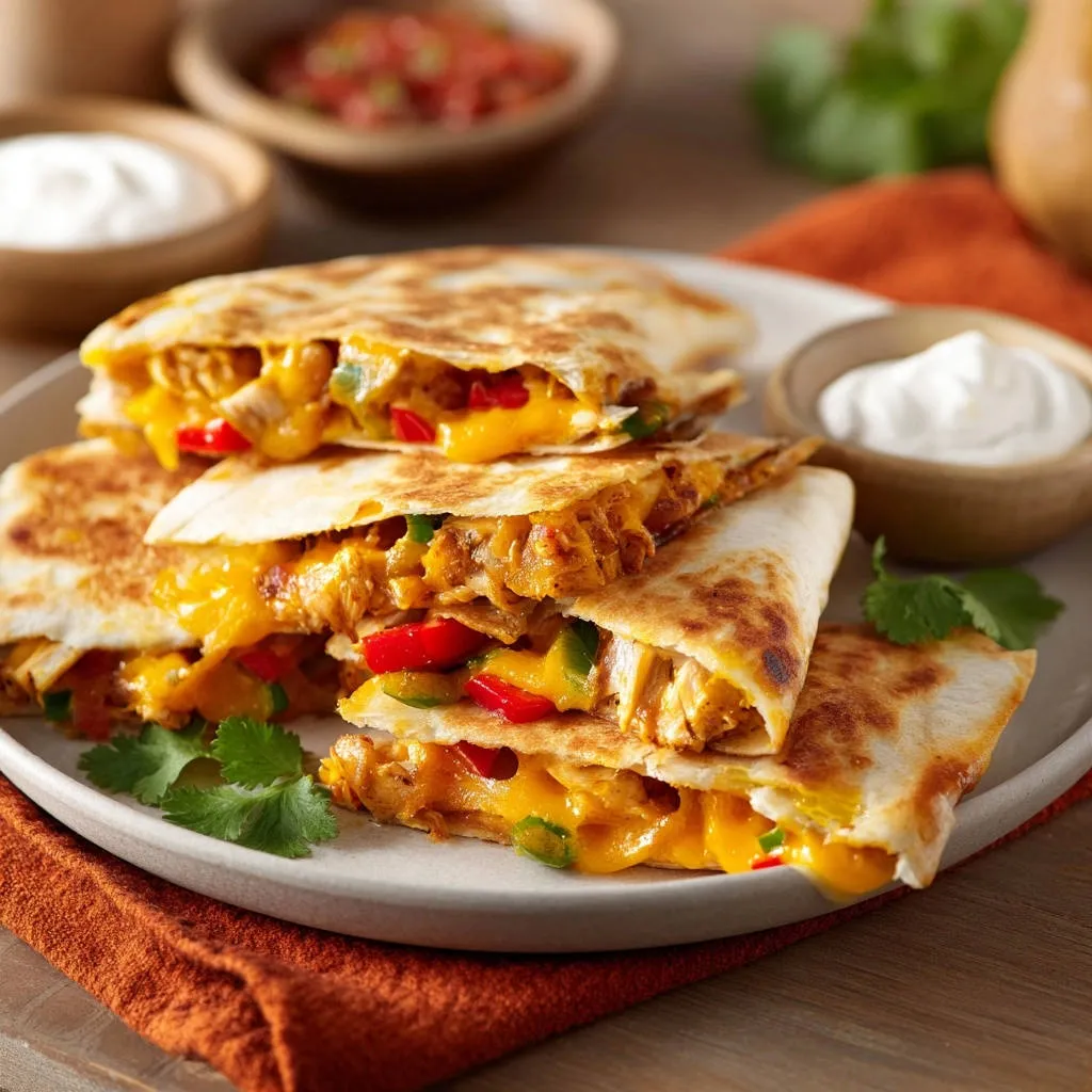 Golden chicken and cheese quesadillas shown in a close-up cross-section with gooey melted cheese and colorful peppers.