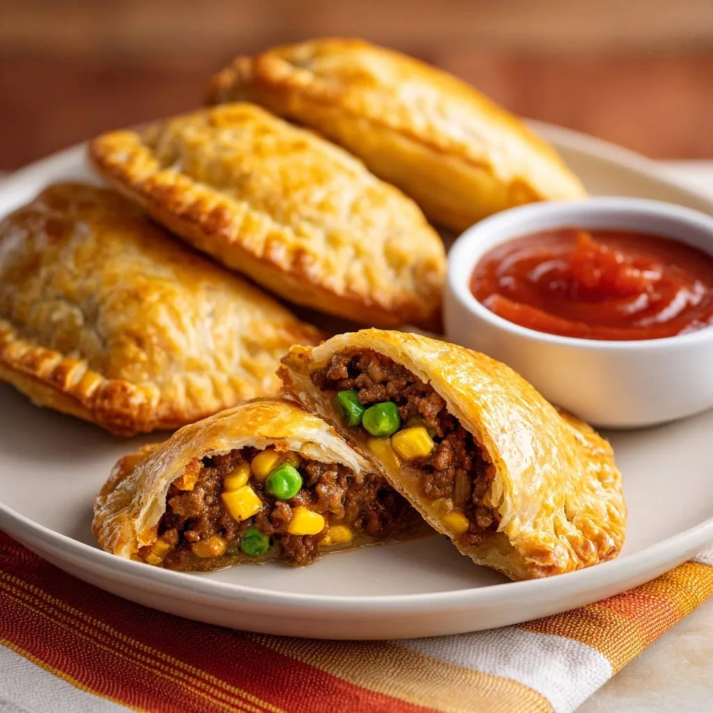 Golden empanadas with beef and corn, shown cut in half to reveal the savory filling and vegetables inside.