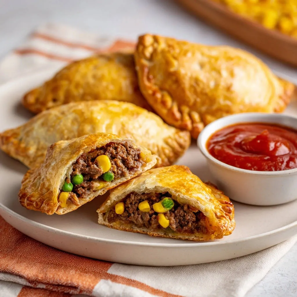 Golden empanadas with beef and corn shown in a close-up cross-section revealing the savory filling and golden pastry.