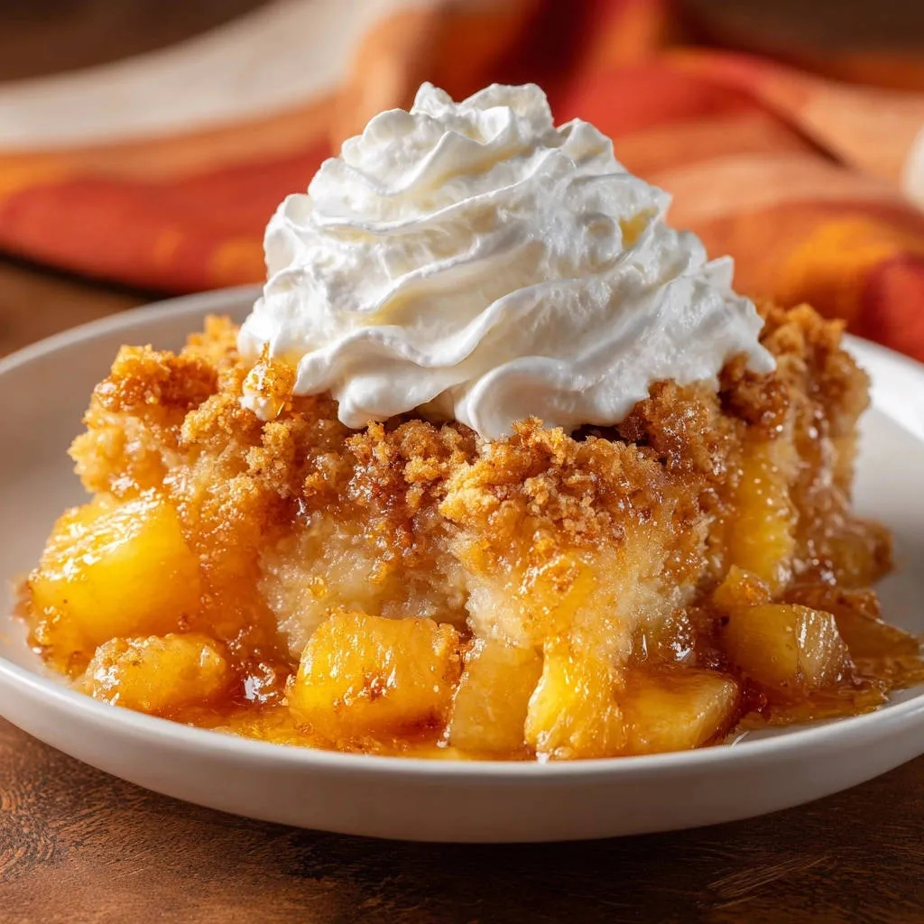 Golden pineapple crumble topped with a swirl of whipped cream, showcasing its rich filling and crumb topping.