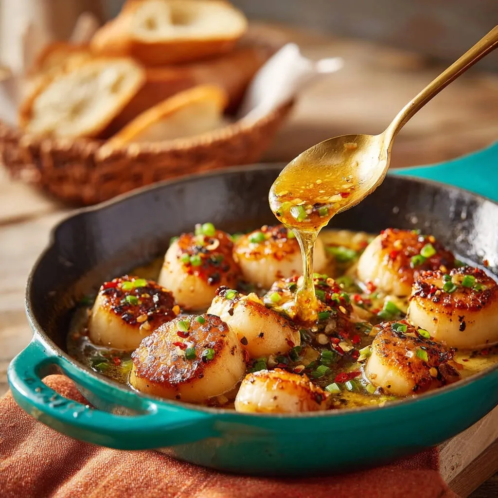 Golden seared scallops with chili garlic glaze being drizzled from a spoon in a cast iron pan.