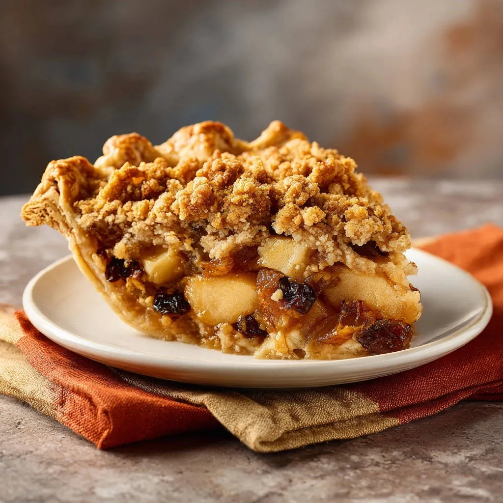 Grandma's apple crumble pie shown in a close-up cross-section revealing the tender apple filling and crumbly topping.
