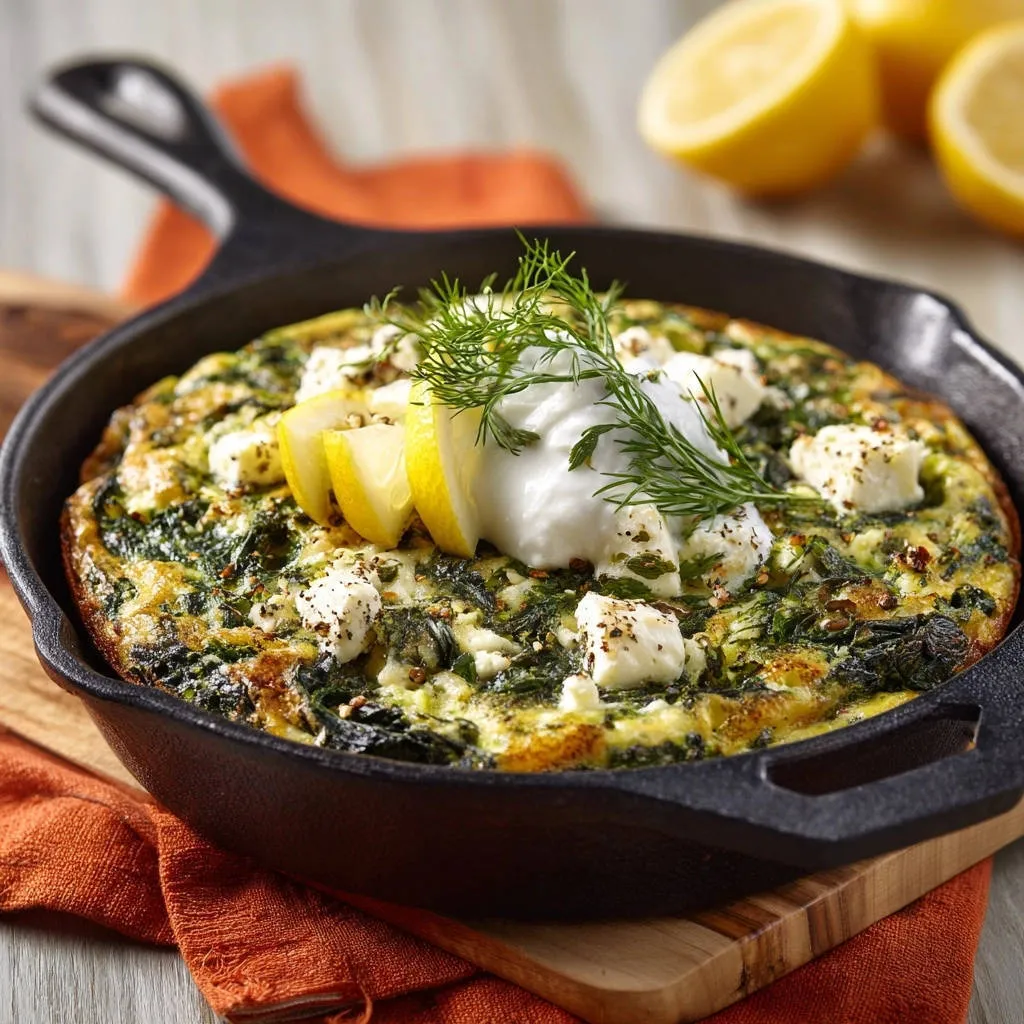 Greek spinach and feta skillet frittata garnished with sour cream, dill, and lemon wedges in a cast iron pan.