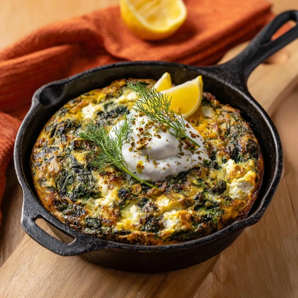 Greek spinach and feta skillet frittata garnished with sour cream, fresh dill, and lemon wedges.