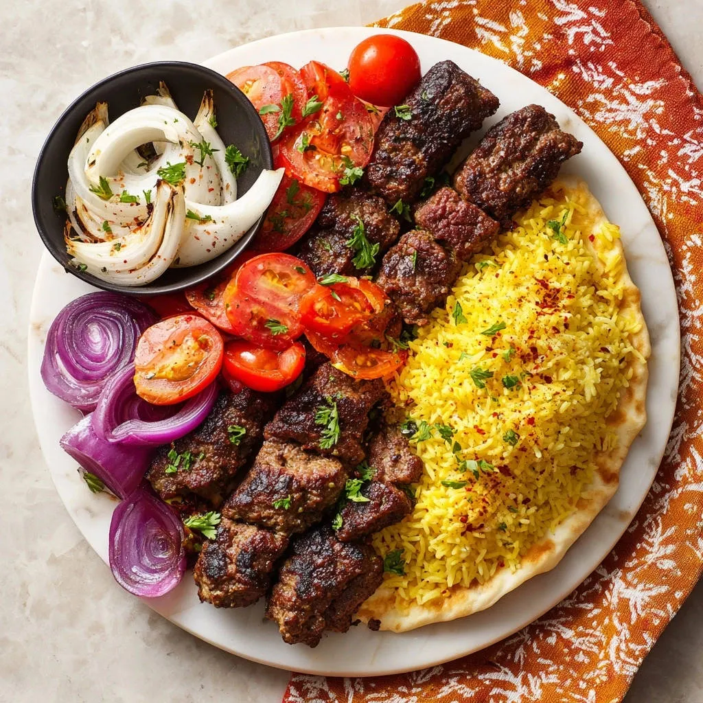 Grilled beef and lamb kofta platter with yellow rice, grilled onions, and tomatoes, served on a marble plate.