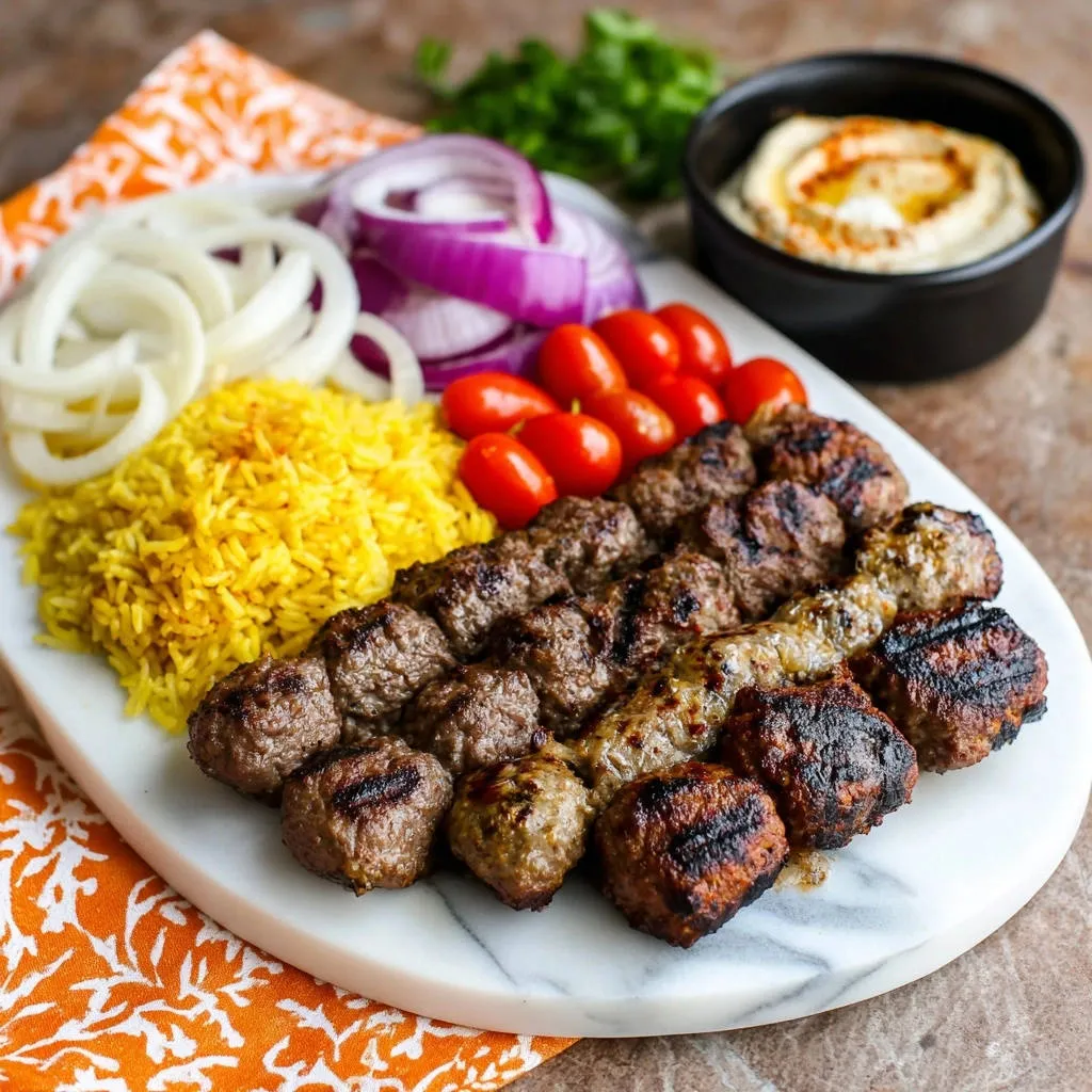 Grilled beef and lamb kofta platter with yellow rice, cherry tomatoes, red onion, and hummus.