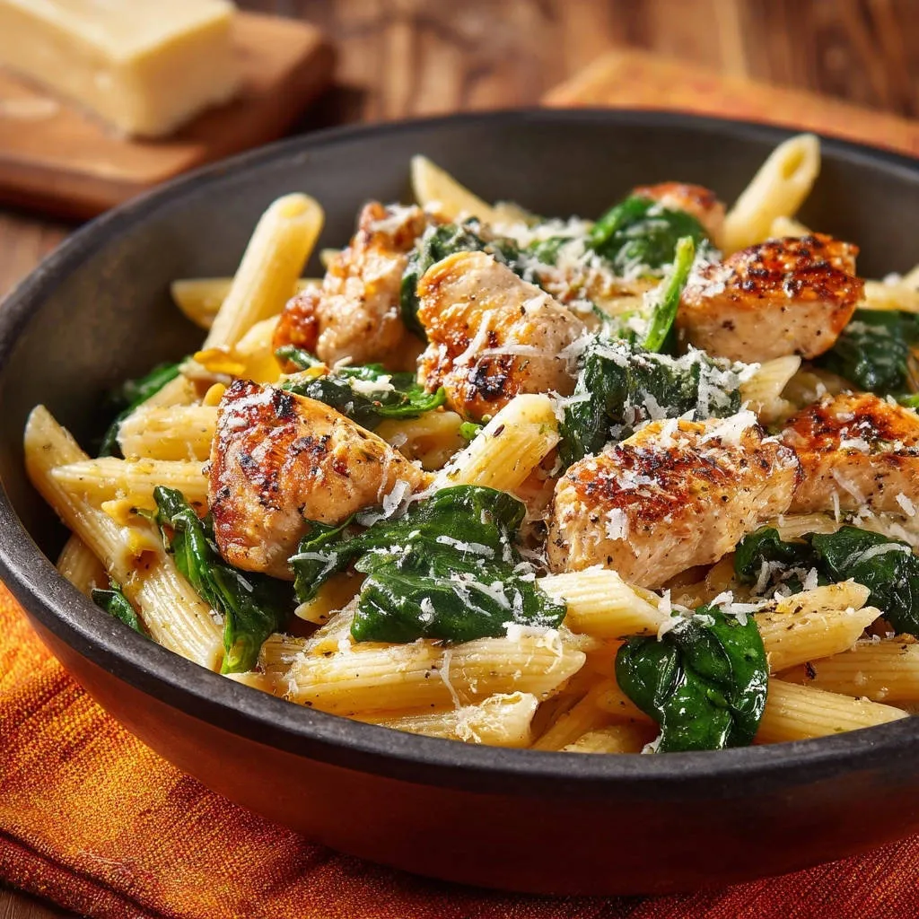 Grilled chicken and spinach penne in a close-up bowl with grated cheese and a silky sauce.