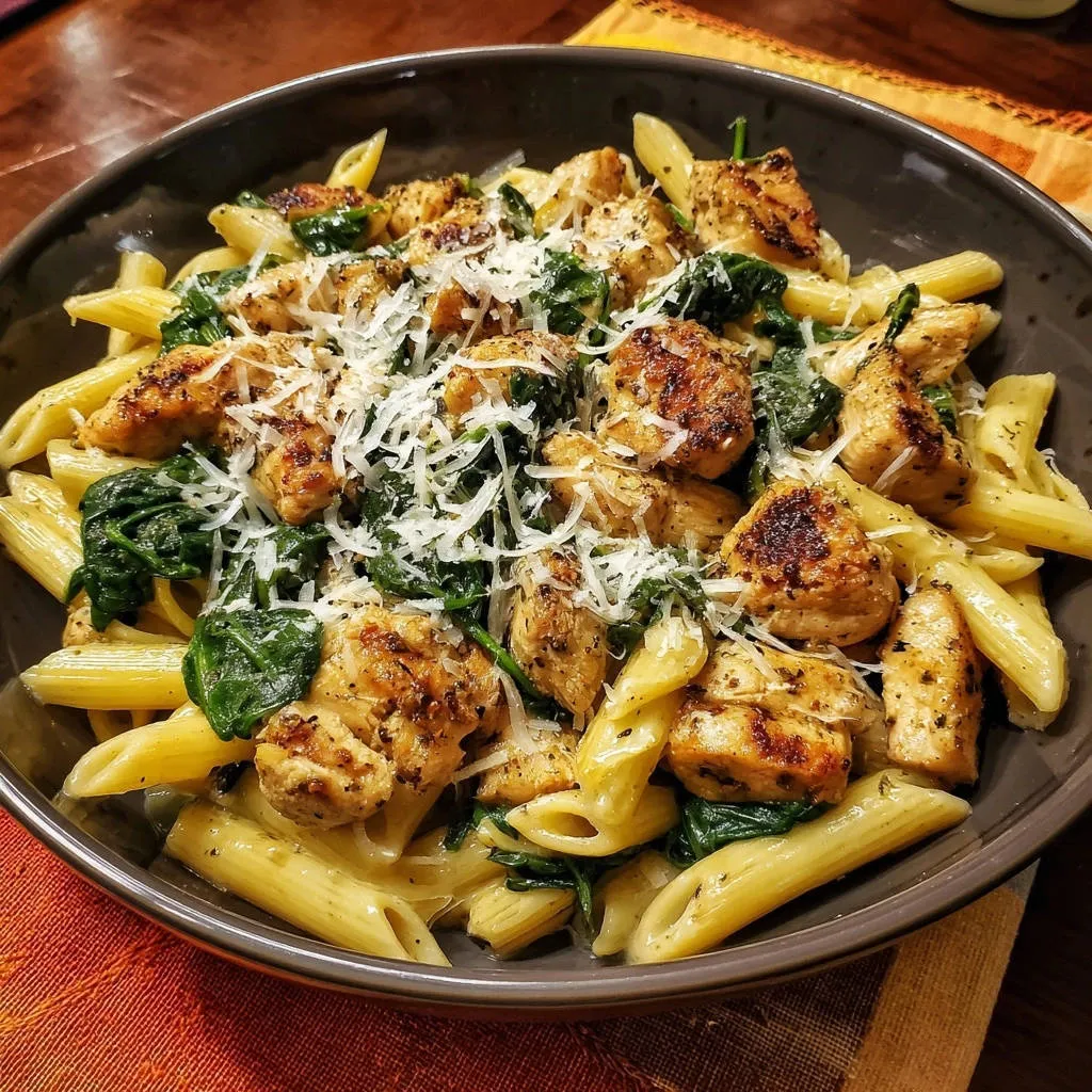 Grilled chicken and spinach penne in a detailed bowl, showcasing tender pasta and juicy chicken pieces.