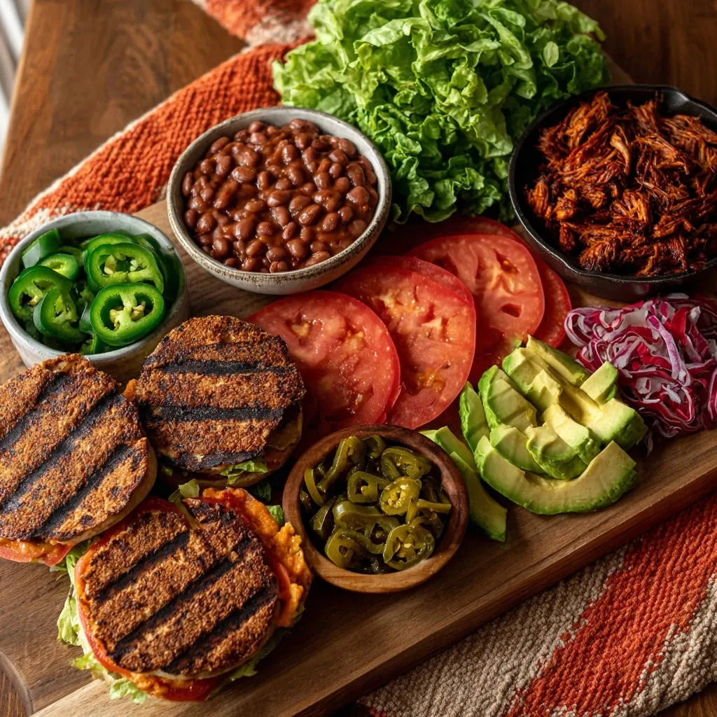 Grilled pulled chicken sandwiches ingredients artfully arranged on a wooden board with fresh toppings.