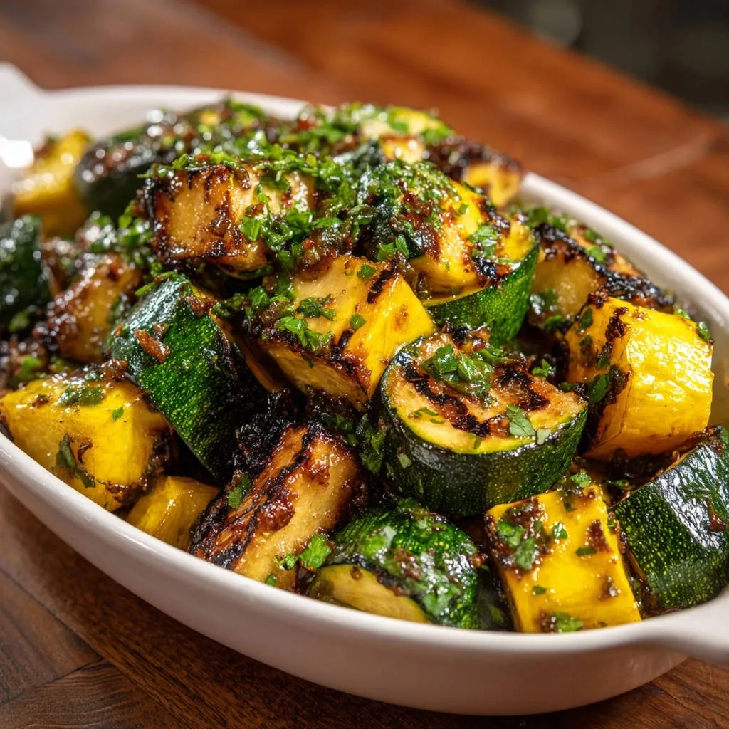 Grilled summer squash with balsamic glaze shown in a close-up, highlighting the char marks and fresh parsley garnish.