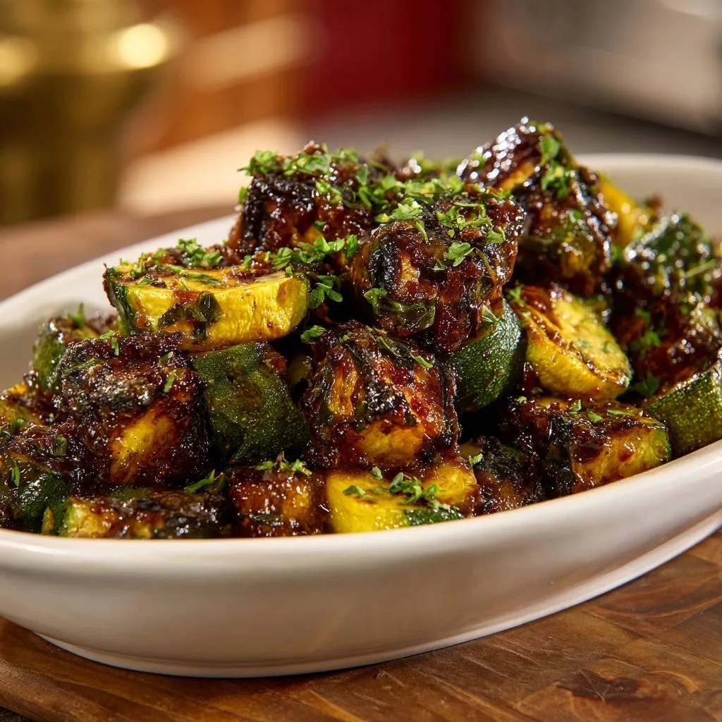 Grilled summer squash with balsamic glaze, chopped and garnished with fresh herbs in a white serving bowl.