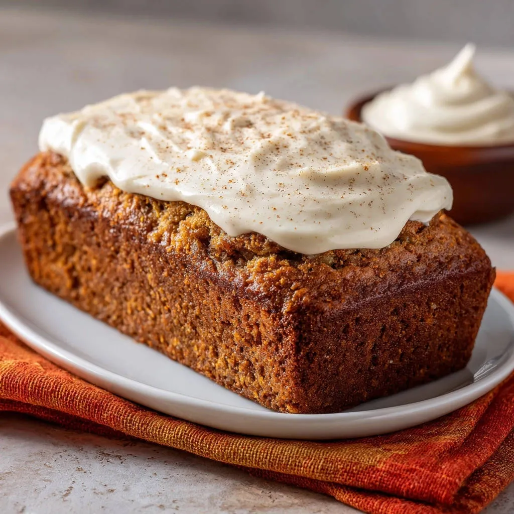 Harvest Spice Loaf with Cream Cheese Frosting, a close-up view of the fluffy loaf topped with spiced cream cheese frosting.