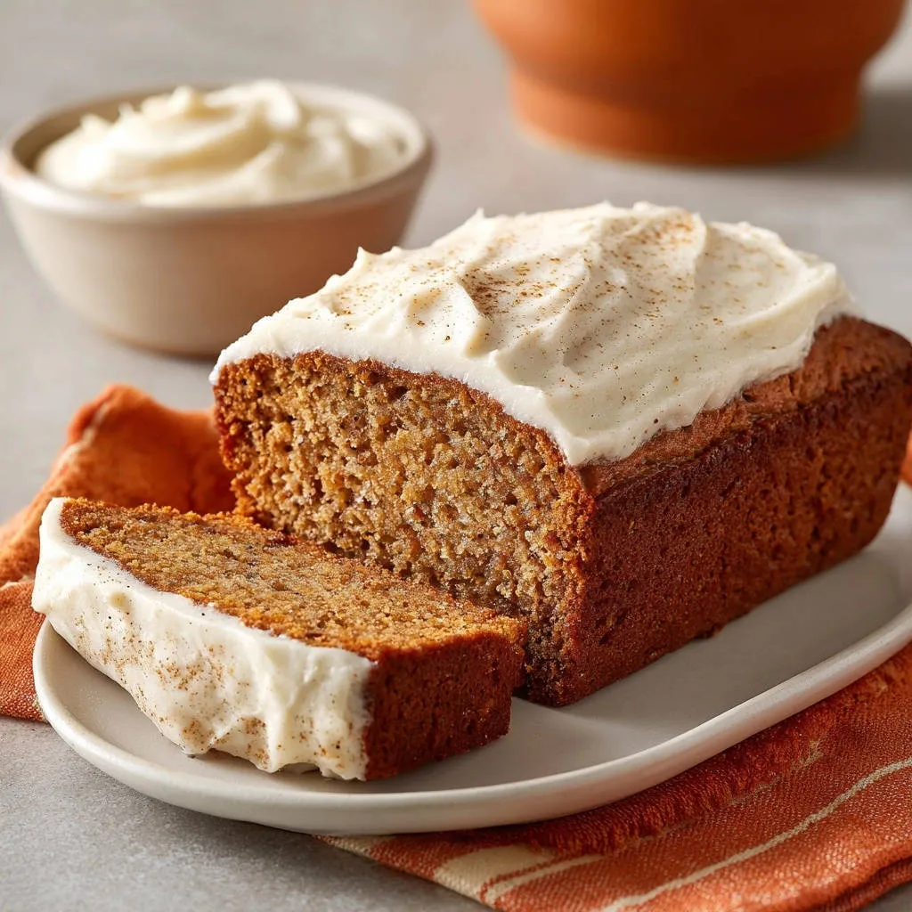 Harvest Spice Loaf with Cream Cheese Frosting, a slice showing its fluffy interior and cream cheese topping.