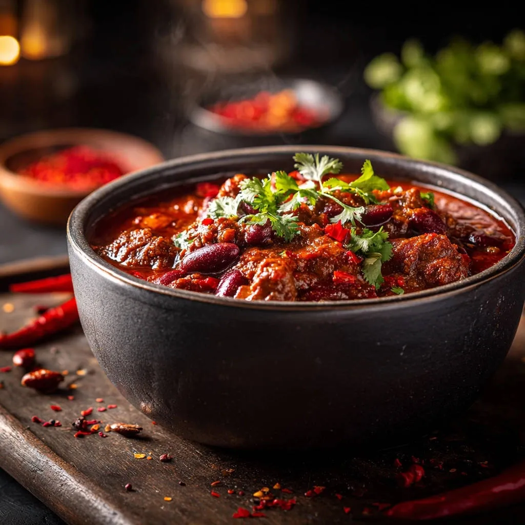 Hearty Beef & Bean Chili steaming in a rustic black bowl, garnished with fresh cilantro and red chili flakes.