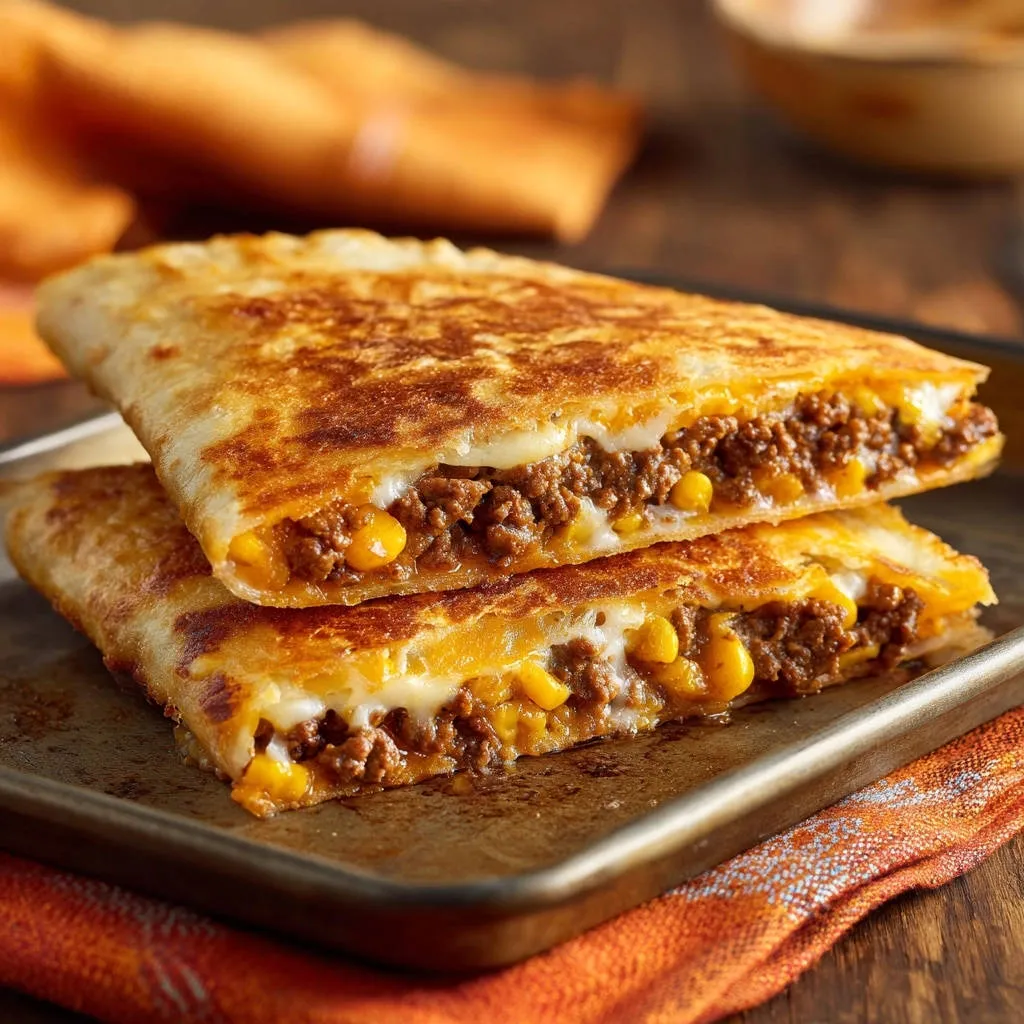 Hearty beef & cheese wraps shown in a close-up cross-section revealing the savory filling and melted cheese.