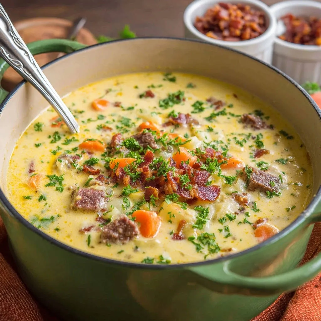 Hearty beef and corn chowder served steaming in a green Dutch oven, topped with bacon and parsley.