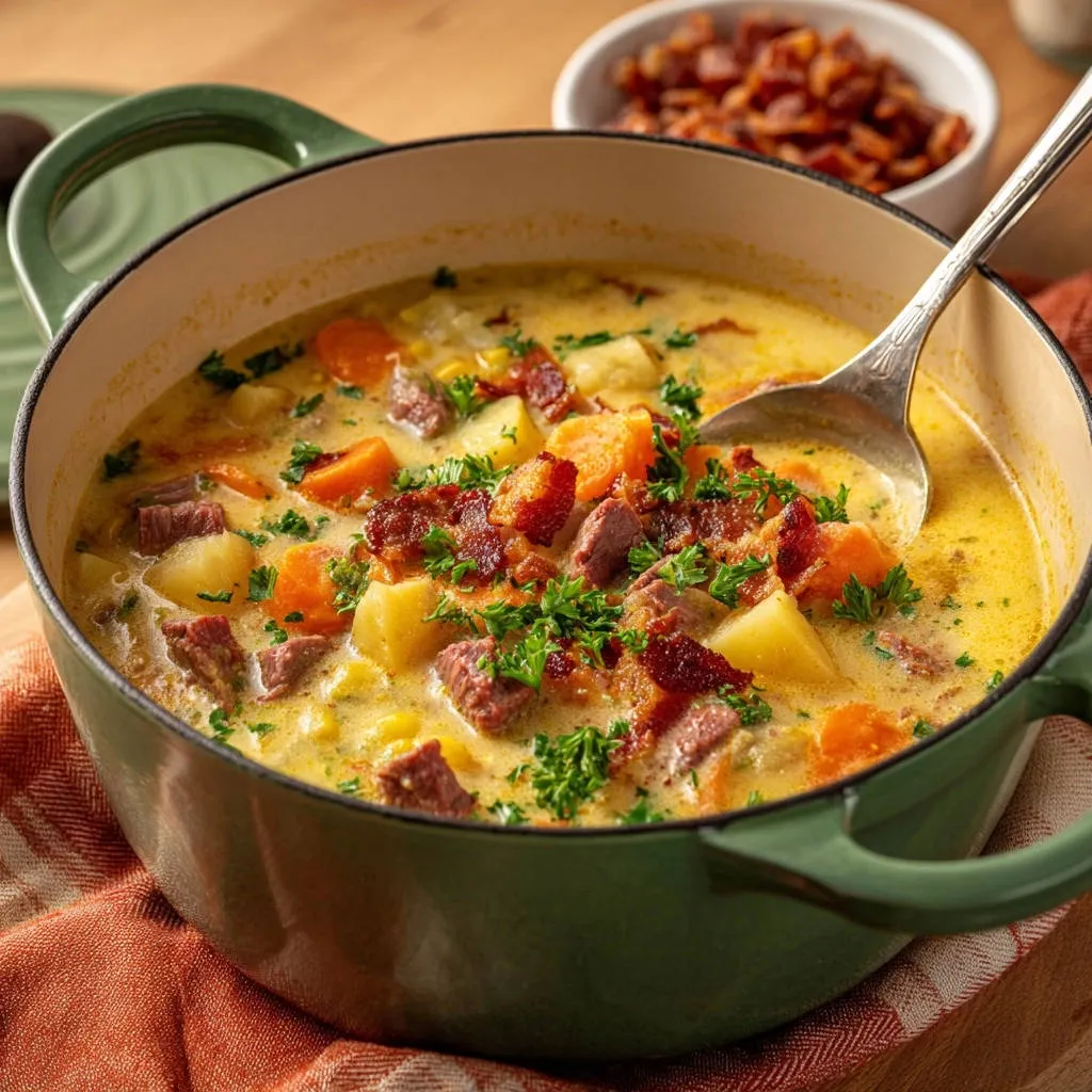 Hearty beef and corn chowder in a green Dutch oven, garnished with bacon and parsley.