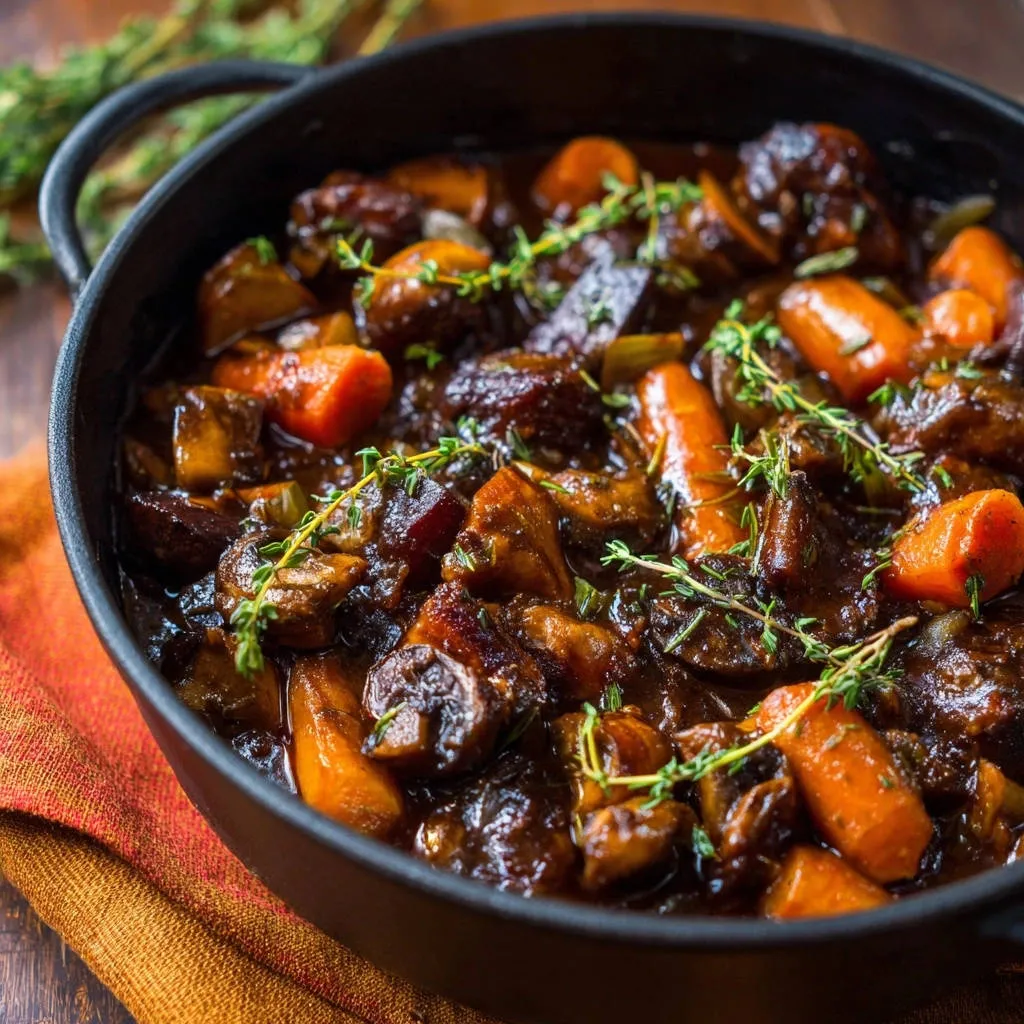 Hearty beef and mushroom stew with carrots and thyme garnish in a black Dutch oven.