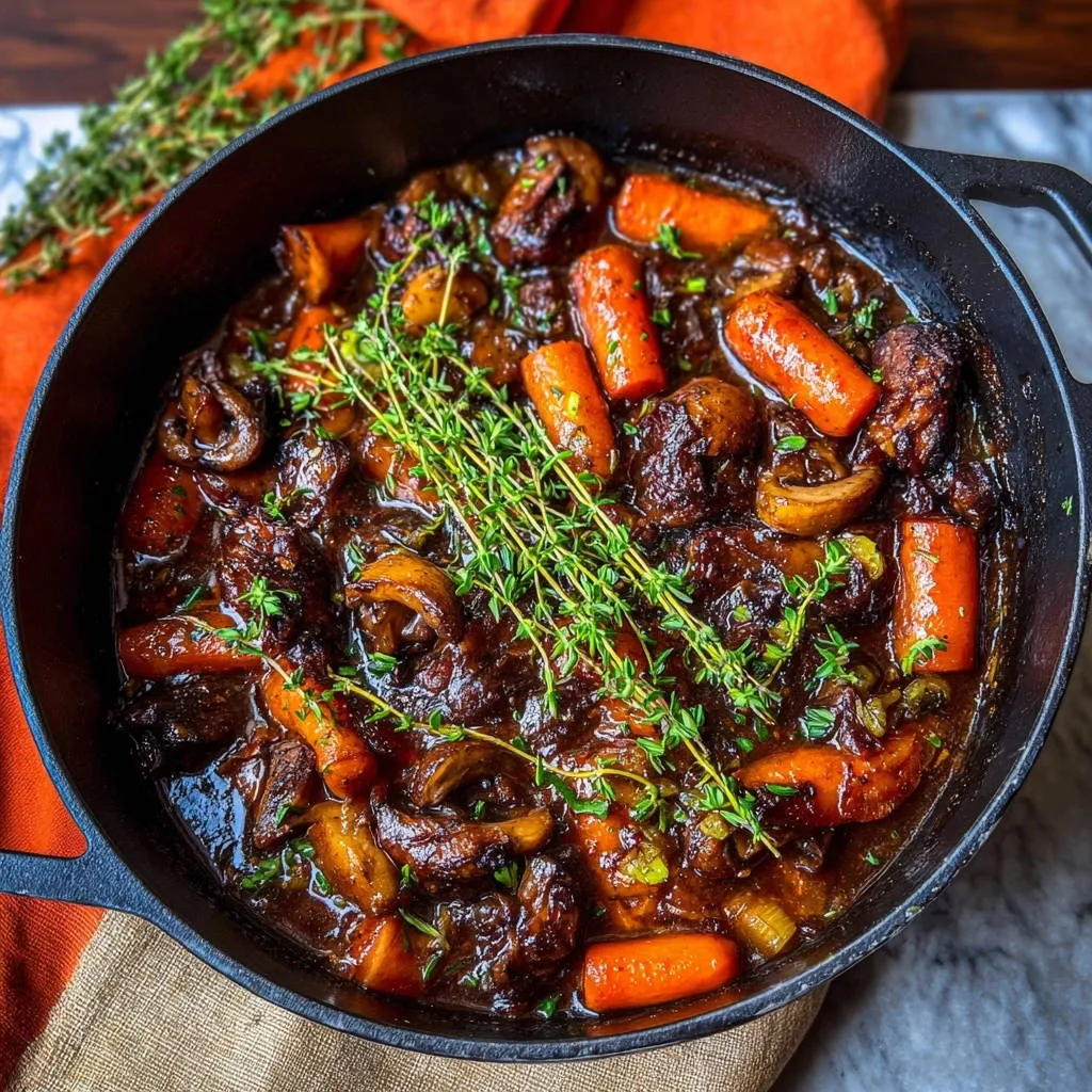 Hearty beef and mushroom stew in a cast iron Dutch oven, garnished with fresh thyme sprigs.