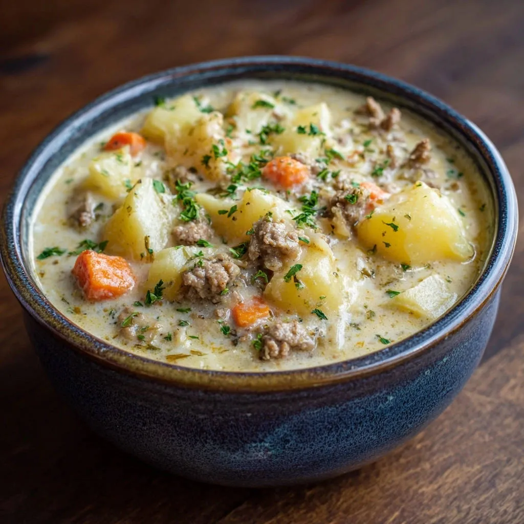 Hearty beef and potato chowder served in a rustic bowl, showcasing tender potatoes, ground beef, and carrots with fresh parsley garnish.