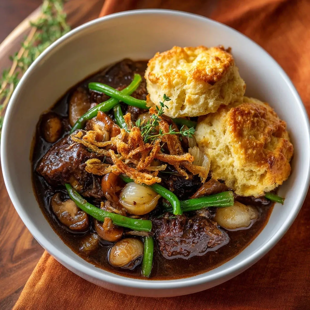 Hearty beef stew with biscuit topping, featuring a close-up view of green beans, mushrooms, and crispy fried onions.